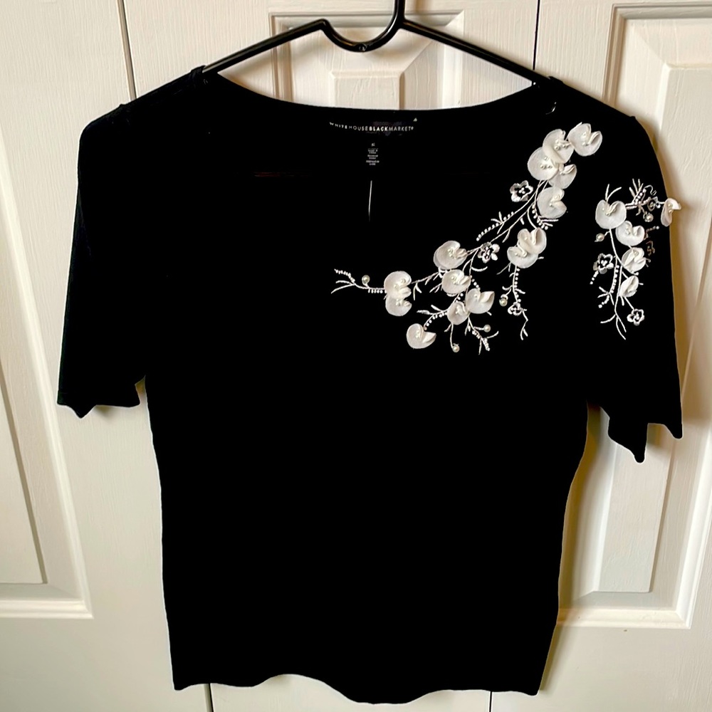 WHBM black with ecru embroidered top
